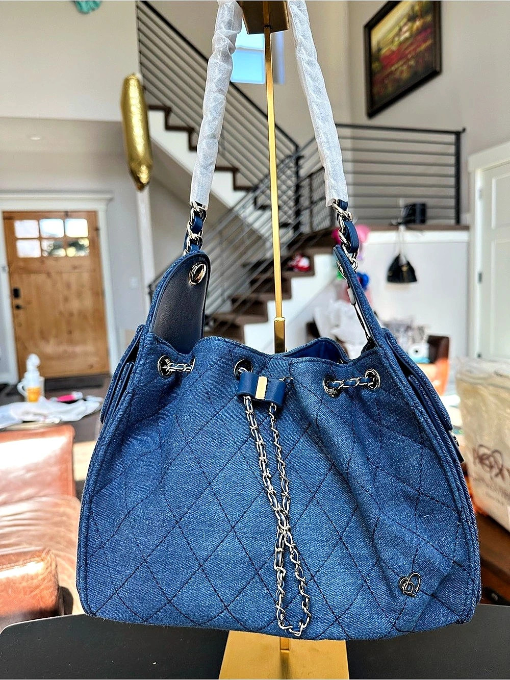 Pony Twentyeight Deco L - Blue Quilted Denim Shoulder Bag